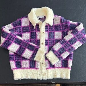 Greylin Plaid Fuzzy Cardigan with Cream and Purple